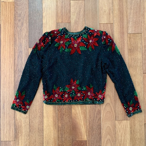 Laurence Kazar Beaded Sequin Silk Holiday Christmas Jacket - Picture 3 of 4